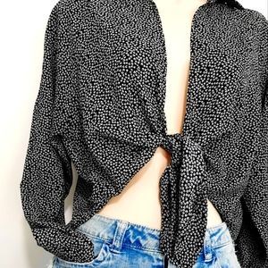 Front Tie Long Sleeve Silk Polyester Blouse Top